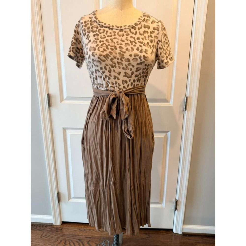 Leopard Print Midi Dress Boho Tie Waist Pleated Skirt Fall S - Picture 2 of 13